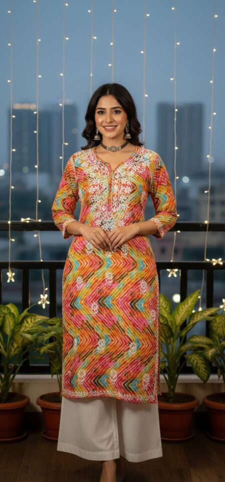 Multicolor Print Orange Chikankari Modal Cotton Kurta