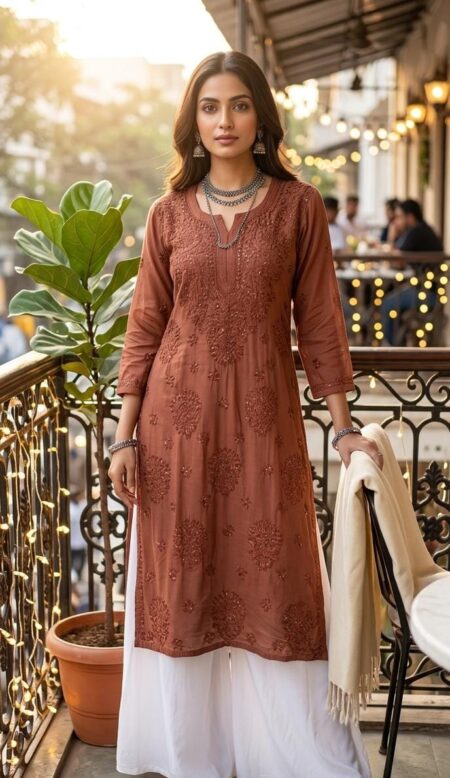 Brown Chikankari Angoori Boota Muslin Kurta With Mukaish Work