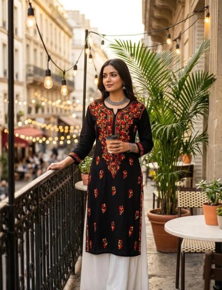 Multicolor Thread Chikankari Black Modal Cotton Kurta