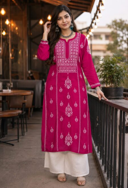 Plum Chikankari Muslin Kurta with Silver Mukaish
