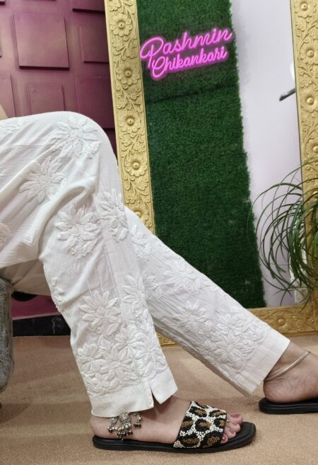 White 3D Chikankari Modal Lycra Stretchable Pant