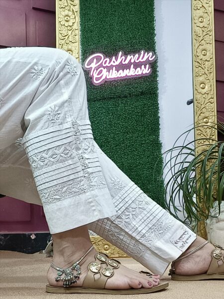 White Chikankari Pintex Work Cotton Pant With Bottons