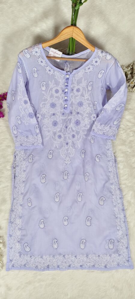 Purple Chikankari Voile Cotton Front Back Dual Thread With Button Kurta