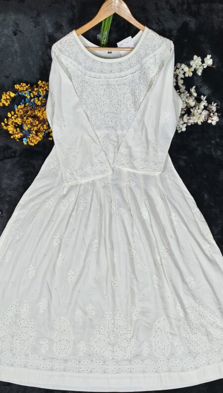 White Chikankari Cotton Gown With Mukaish Work