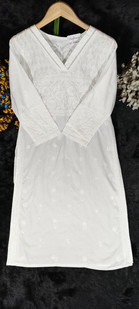 White Chikankari Cotton V Neck Kurta