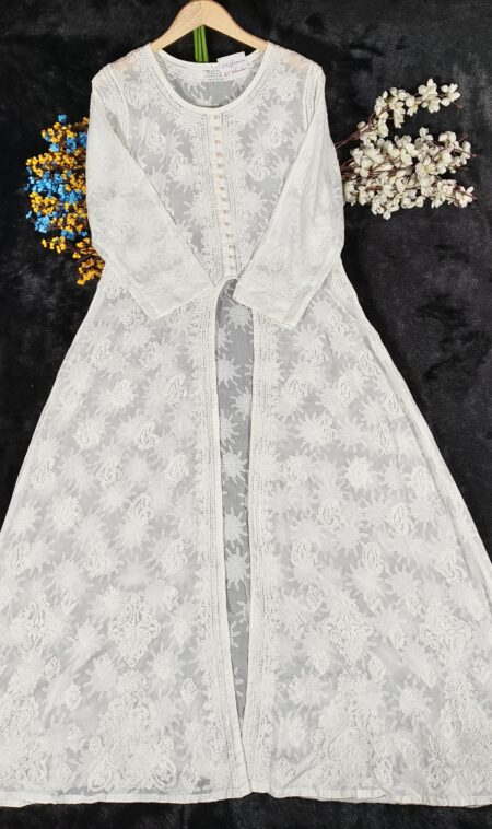 White Chikankari Embossed Cotton Cape Kurta