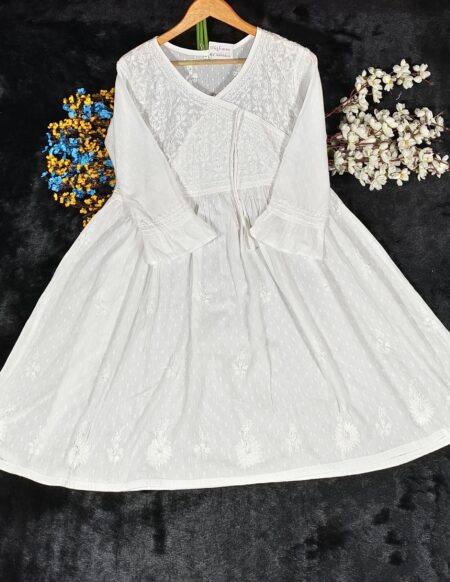 White Chikankari Dobby Cotton Angrakha Top