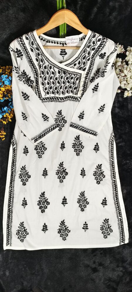 Black And White Chikankari Cotton Angrakha Kurta