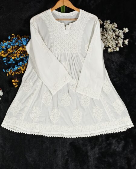 White 3D Chikankari Modal Cotton A- Line Top
