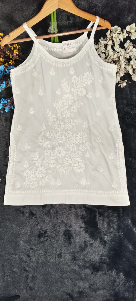 White Chikankari Noodle Strap Cotton Top
