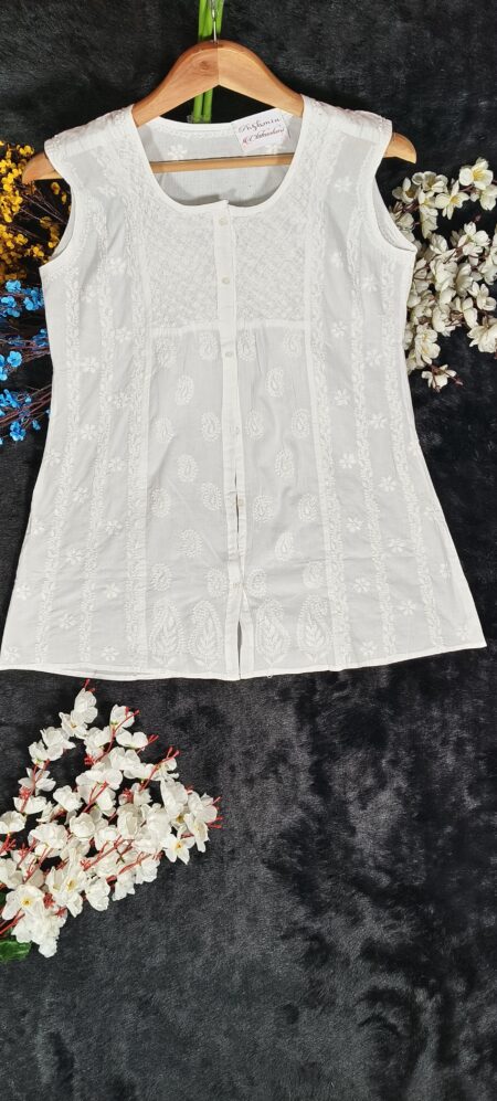 White Chikankari Cotton Sleeveless Shirt