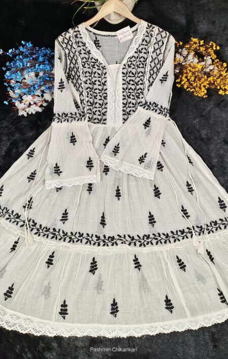 Black And Off White Chikankari Chanderi Frock Dress