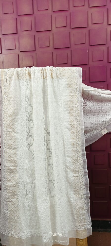 White Chikankari Applique Work Net Kota Dupatta