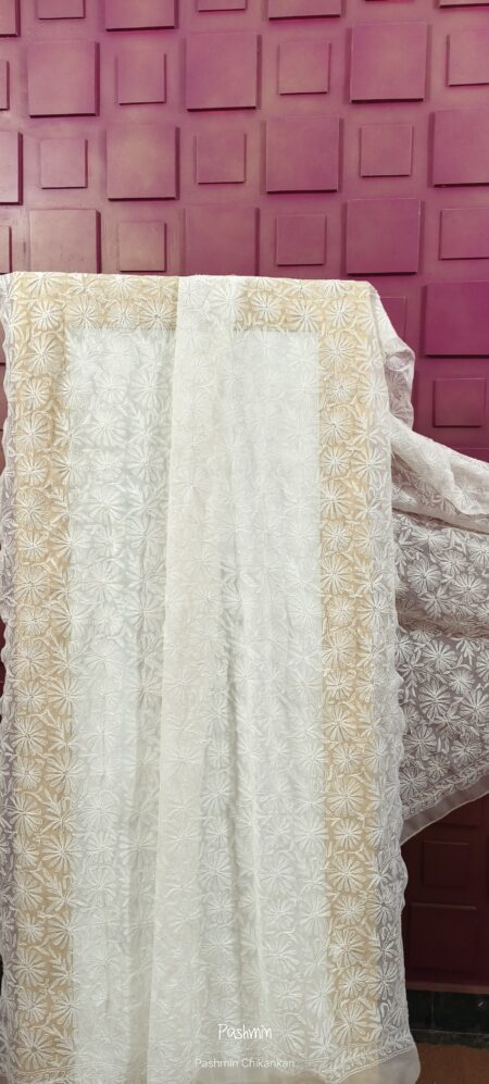 White Chikankari Georgette Dupatta With Tepchi Jaal Work