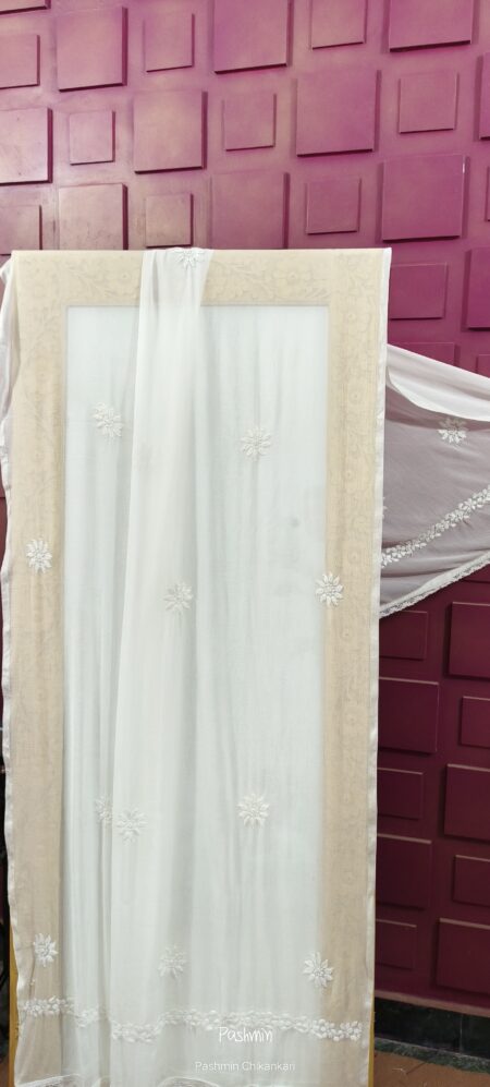 White Chikankari Chiffon Boota Border Dupatta With Lace
