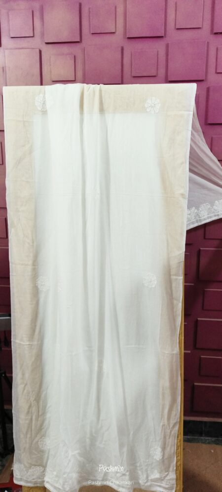 White Chikankari Mulcotton Shadow Work Dupatta With Thin Lace