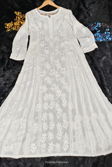 White Resham Chikankari 12 Kali Front Pannel Viscose Anarkali