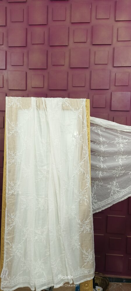 White Chikankari Mulmul Cotton Floral Cross Work Dupatta