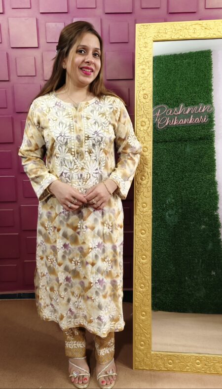 Chikankari Dual Colour Cotton Printed Kurta Pant Set