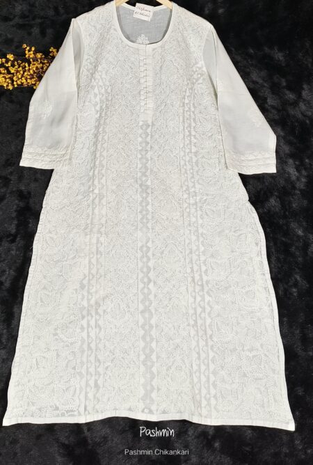 White Chikankari Voile Cotton Applique Shadow Work Kurta