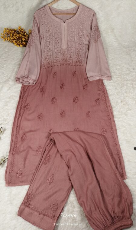 Ombre Mouse Brown Chikankari Dobby Modal Kurta Pant Set
