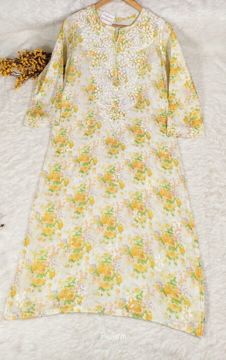 White Chikankari Mulcotton Colored Printed Kurta