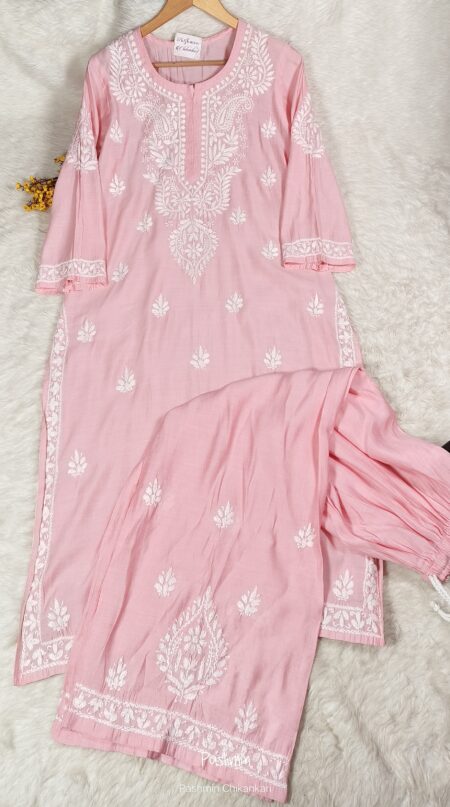 Chikankari Chanderi Pastel Shade Kurta Pant Set