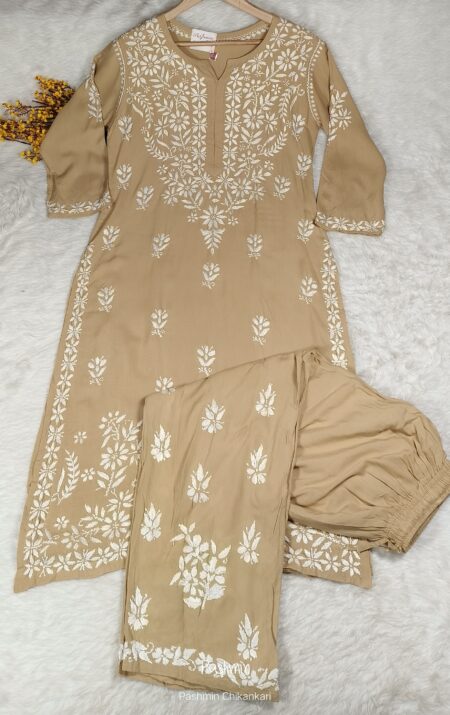 Beige Chikankari Modal Cotton Kurta Pant Set