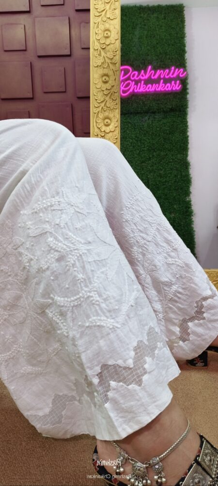 White Chikankari Applique Work Cotton Palazzo With Astar