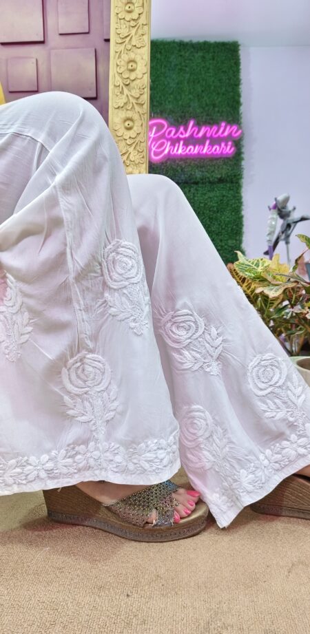 White Chikankari Premium Modal Rose Palazzo