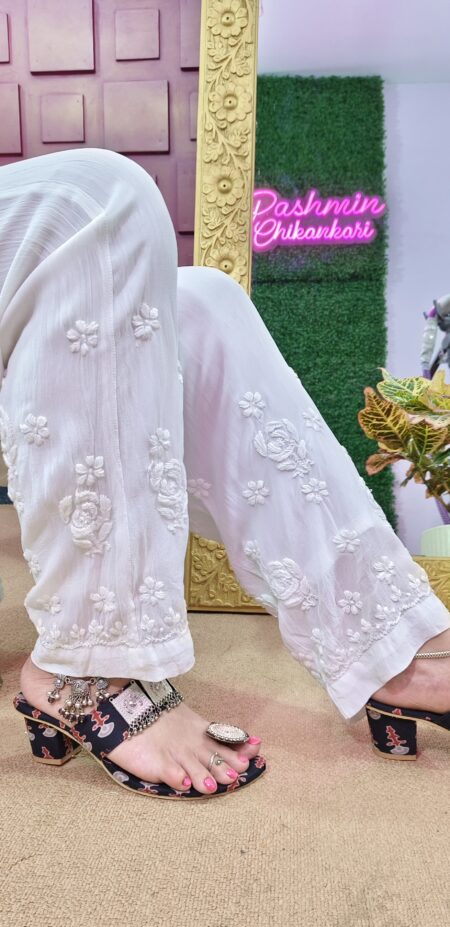 White Chikankari Rose Viscose Pant With Astar