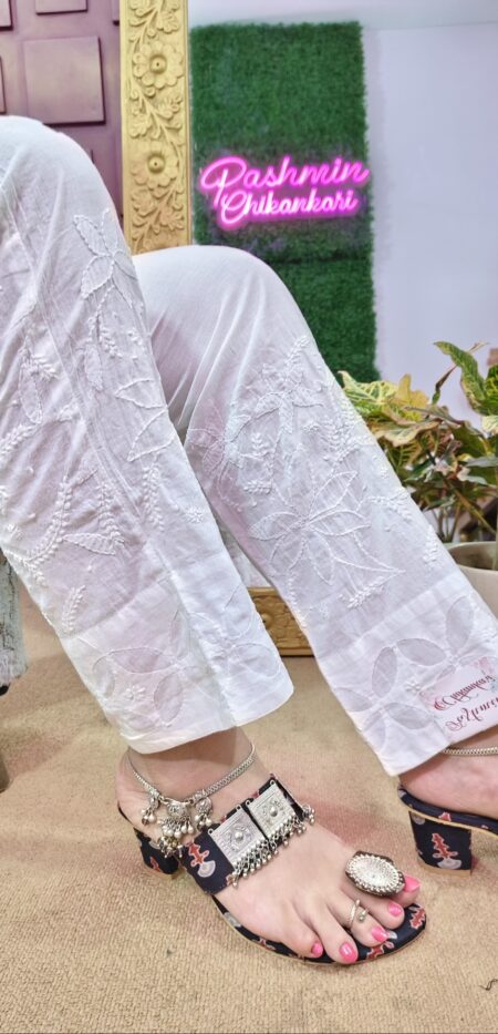 White Chikankari Pant With Applique Work