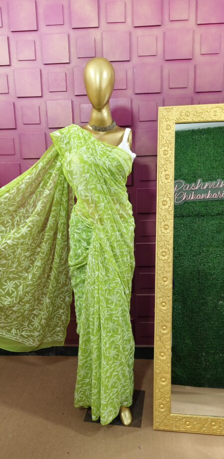 Green Chikankari Georgette Tepchi Work Saree