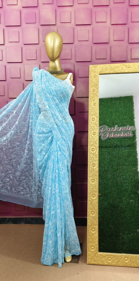 Blue Chikankari Georgette Tepchi Work Saree