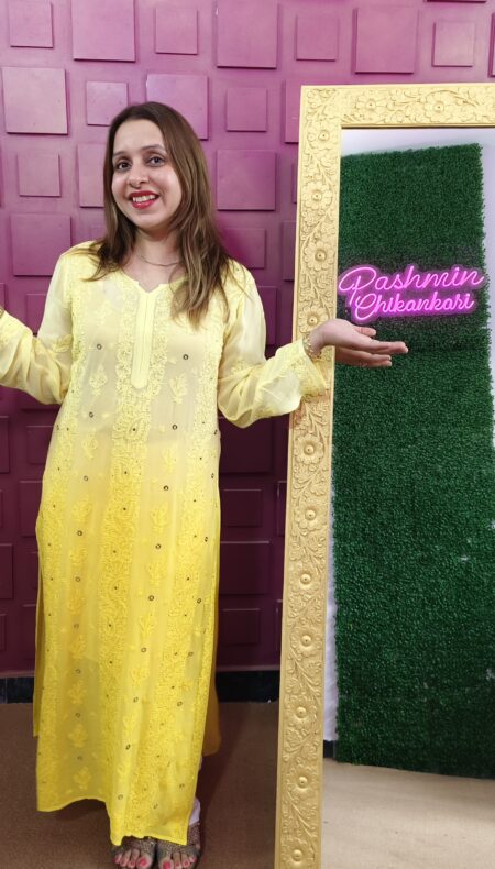 Chikankari Viscose Ring Mukaish Kurta With Ombre Shading