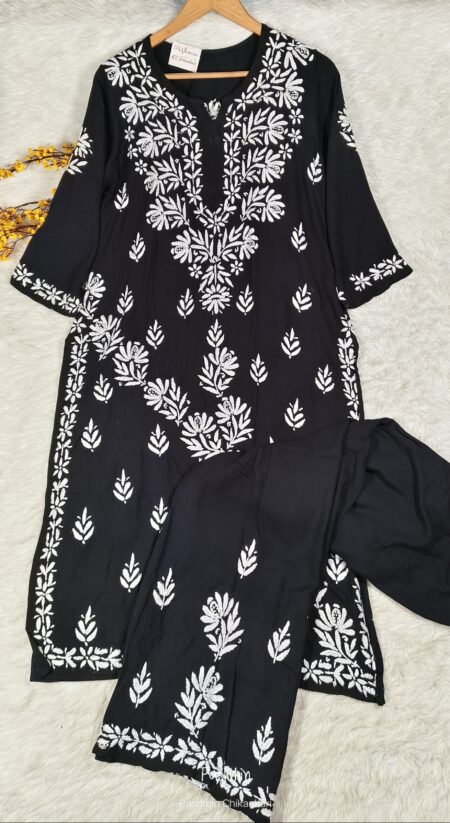 Chikankari Modal Cotton Bel Kurta Pant Set