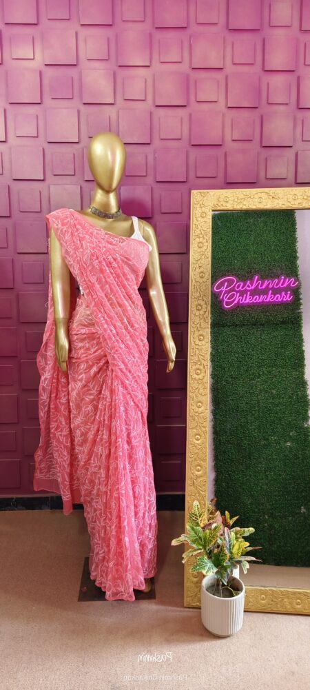 Pink Chikankari Georgette Tepchi Work Saree