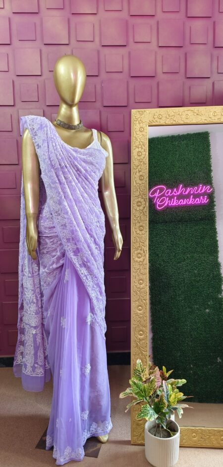 Purple Chikankari Georgette Shadow Work Saree