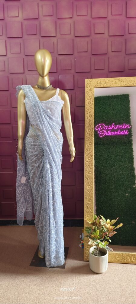 Grey Chikankari Georgette Tepchi Work Saree