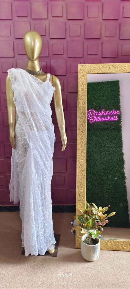 White Chikankari Georgette Tepchi Work Saree