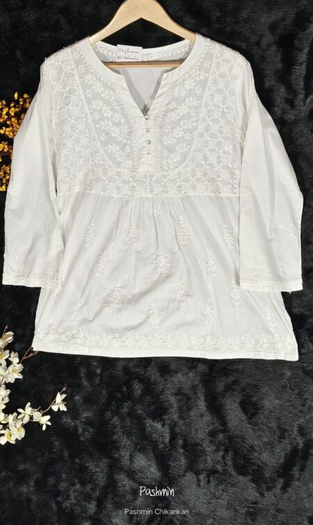 White Chikankari Cotton Frock Style Top