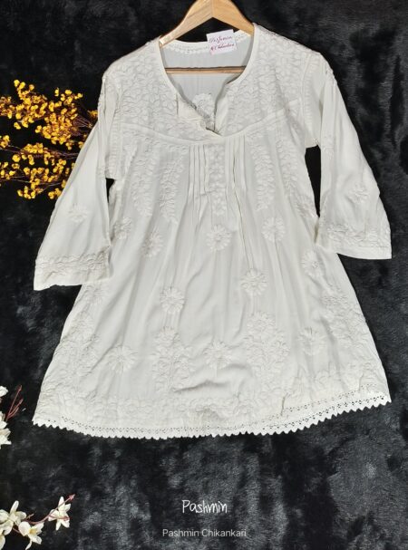 White Chikankari Pintex Work Modal Cotton Top