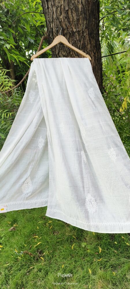 White Chikankari Chanderi Stole With Silver Weave And Sequins Work