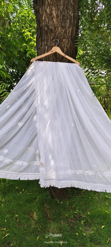 White Chikankari Mulcotton Frill Lace Dupatta
