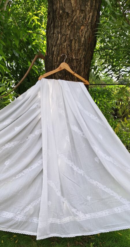White Chikankari Slanting Bel Work Cotton Dupatta