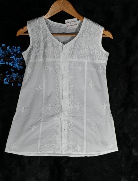 White Chikankari Sleeveless Cotton Top