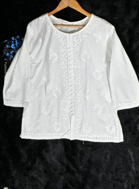 White Chikankari Cotton Button Top