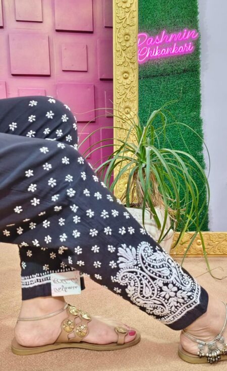 White On Black Chikankari Cotton Pant