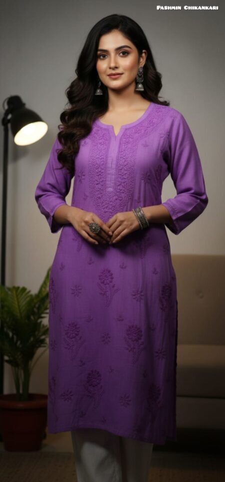 Purple Chikankari Tone to Tone Linen Kurta