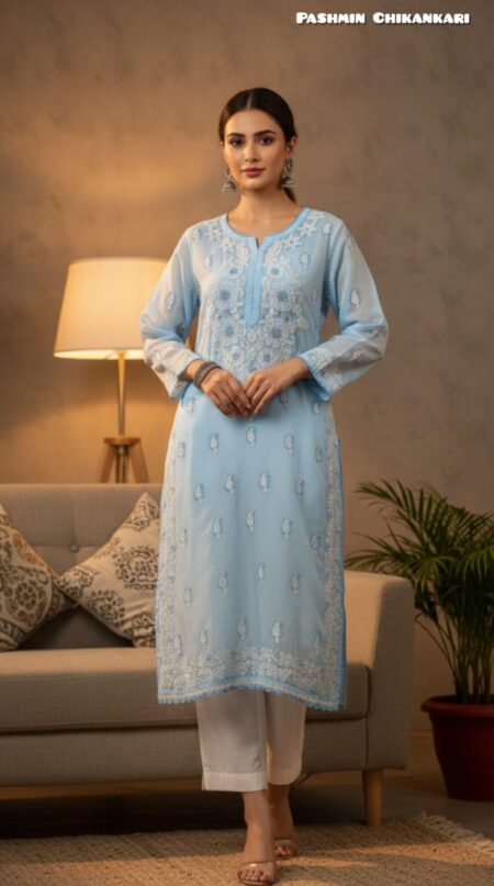 Voile Cotton Front Back Dual Thread Chikankari Kurta